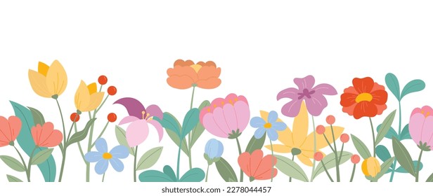 Abstract floral art background vector. Wallpaper of spring colorful flowers garden. Isolated on white for greeting cards, Easter, thanksgiving. Spring set, background, cover, hand drawn elements.