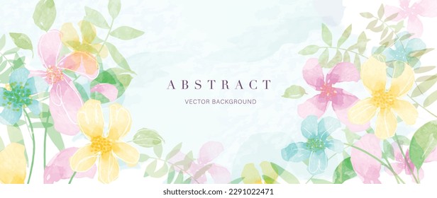 Abstract floral art background vector. Botanical watercolor hand drawn flowers paint brush line art. Design illustration for wallpaper, banner, print, poster, cover, greeting and invitation card.