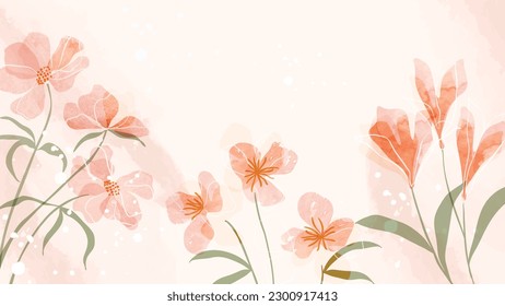 Abstract floral art background vector. Botanical watercolor hand drawn flowers paint brush line art. Design illustration for wallpaper, banner, print, poster, cover, greeting and invitation card.