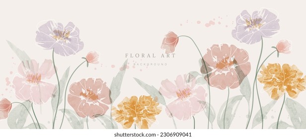 Abstract floral art background vector. Botanical watercolor hand drawn flowers paint brush line art. Design illustration for wallpaper, banner, print, poster, cover, greeting and invitation card.