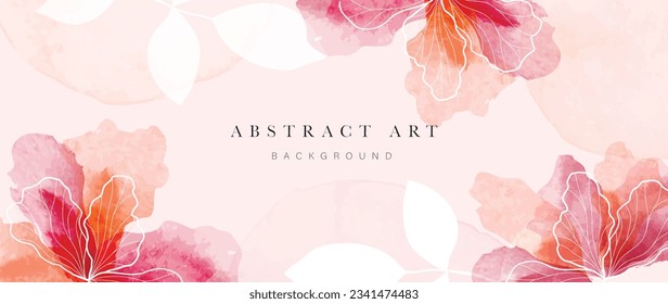 Abstract floral art background vector. Botanical watercolor hand drawn flowers paint brush line art. Design illustration for wallpaper, banner, print, poster, cover, greeting and invitation card.