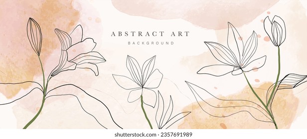 Abstract floral art background vector. Botanical watercolor hand drawn flower paint brush line art. Design illustration for wallpaper, banner, print, poster, cover, greeting and invitation card.