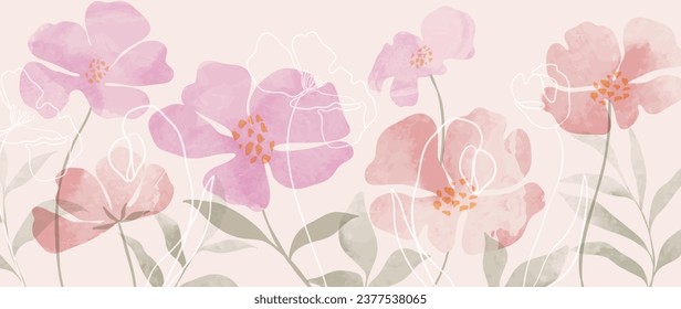 Resumen del vector de fondo de arte floral. Fondo de textura de flores botánicas de primavera pintadas a mano. Ilustración de diseño artístico para papel de pared, afiche, tarjeta de bandera, impresión, web y embalaje