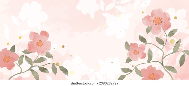 Abstract floral art background vector. Botanical watercolor hand painted pink flowers and leaf branches and foliage with texture. Design for wallpapers, banners, prints, posters, covers	
