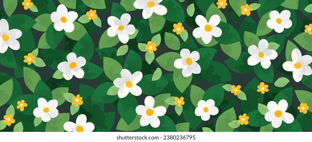 Abstract floral art background vector. Botanical hand drawn leaves, white flowers in sun with watercolor texture. Bright Floral pattern for wallpapers, banners, prints, fabrics, covers.	