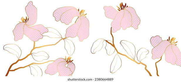 Abstract floral art background vector. Luxury wallpaper in a minimalist style with golden lines of flowers and botanical leaves, organic shapes. Vector background for banner, poster, web and packaging