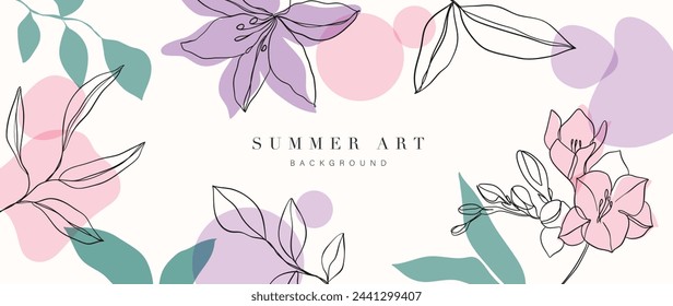 Abstract floral art background vector. Botanical hand drawn flower, foliage line art. Design illustration for wallpaper, banner, print, poster, cover, greeting, invitation, package.