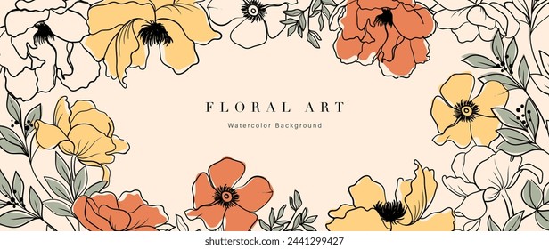Vector de fondo de arte floral abstracto. Flor dibujada a mano botánica, amapola, peonía, arte de línea de follaje. ilustración de diseño para papel pintado, pancarta, impresión, póster, cubierta, saludo, invitación, paquete.