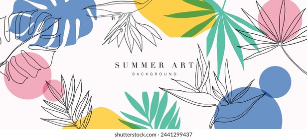 Abstract floral art background vector. Botanical hand drawn flower, foliage, palm, monstera line art. Design illustration for wallpaper, banner, print, poster, cover, greeting, invitation, package.