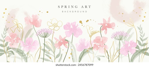 Abstract floral art background vector. Botanical watercolor hand drawn flowers paint brush line art. Design illustration for wallpaper, banner, print, poster, cover, greeting and invitation card.