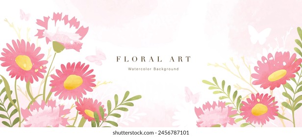 Abstract floral art background vector. Botanical watercolor hand drawn flowers paint brush line art. Design illustration for wallpaper, banner, print, poster, cover, greeting and invitation card.