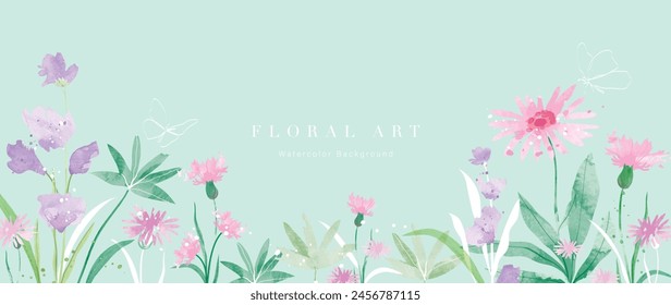 Abstract floral art background vector. Botanical watercolor hand drawn flowers paint brush line art. Design illustration for wallpaper, banner, print, poster, cover, greeting and invitation card.