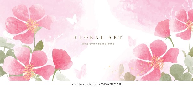 Abstract floral art background vector. Botanical watercolor hand drawn flowers paint brush line art. Design illustration for wallpaper, banner, print, poster, cover, greeting and invitation card.