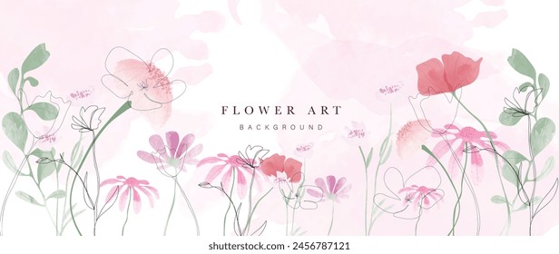 Abstrakte Blumenkunst Hintergrund Vektorgrafik. Botanisches Aquarell handgezeichnete Blumen malen Pinselstrichkunst. Design-Illustration für Bildschirmhintergrund, Banner, Druck, Poster, Cover, Gruß- und Einladungskarte.