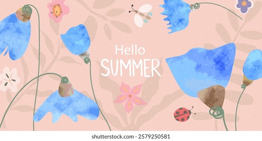 Abstract floral art background vector. Botanical watercolor hand drawn flowers paint brush line art. Design illustration for wallpaper, banner, print, poster, cover, greeting and invitation card.