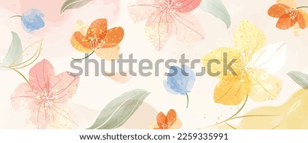 Abstract floral art background vector. Hand painted watercolor botanical spring flowers gold ink splatter texture. Art design illustration for wallpaper, poster, banner card, print, web and packaging