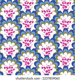 Abstract Floral Art Deco Design Tiny Flower Silhouette Minimal Elegant Textile Seamless Vector Pattern Trendy Fashion Colors Royal Blue Fuchsia Tones