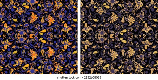 Abstract Floral Art Pattern Set In Gold Orange Blue Violet Color