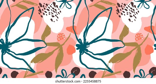 Resumen de arte floral sin fisuras con decoración de forma orgánica rosa en estilo dibujado a mano. Fondo de doodle de pincel de tinta a mano libre para mujeres de la moda impresa, fondo de pared de verano moderno o diseño de la naturaleza.