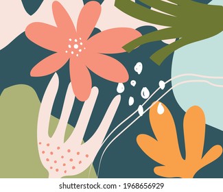 Abstract floral art vector background. Hand drawn nature shapes, floral textures, graphic elements and doodle objects. Modern collages exotic design for paper, cover, fabric, interior decor and more