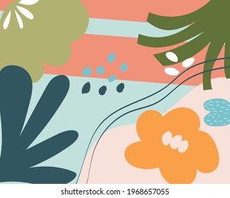 Abstract floral art vector background. Hand drawn nature shapes, floral textures, graphic elements and doodle objects. Modern collages exotic design for paper, cover, fabric, interior decor and more