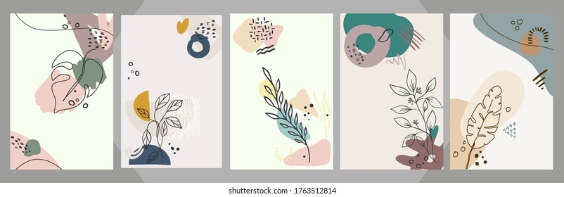 Abstract floral art vector cover background Hand draw template leaves and line art background for paper cover fabric interior decor