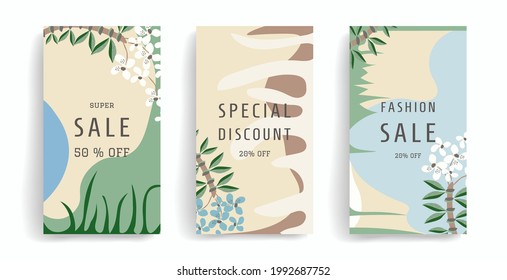 Abstract floral art. Vector set for social media posts, stories, banners, mobile apps, web and internet ads. template cover, art background for interior decor. Design with copy space for text