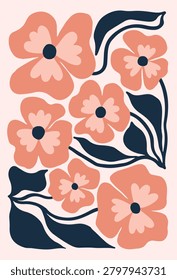 Abstract floral artwork featuring peach colored flowers and dark blue leaves arranged on light pink backdrop. Trendy mid century modern illustration print design.