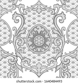 Abstract floral asian black and white seamless pattern