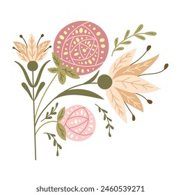 Abstract floral asymmetrical composition in folk fantasy style. Vector flat hand drawn illustration in muted colors and boho style isolated on white background. Ideal for home decor or printout