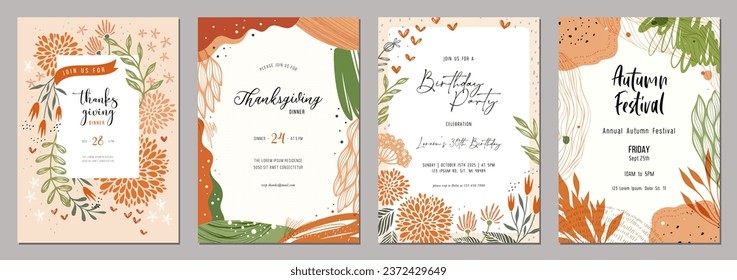 Abstract floral autumn and Thanksgiving templates. Suitable for poster, greeting and business card, invitation, flyer, banner, brochure, email header, post in social networks, events and page cover.