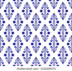 Abstract floral backdrop damask style, seamless blue and white royal pattern, porcelain background for design, pottery, ceramic, tile, texture, wallpaper, fabric and silk, vector illustration