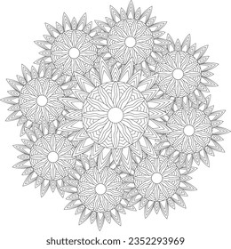 abstract floral background adult symmetric mandala coloring page geometric relaxation line art garden meditation coloring page
