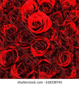 Abstract floral background with applique of stylized red roses on grunge striped diagonal purple backdrop