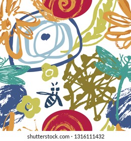 Abstract floral background with bees, dragonflies and snails set