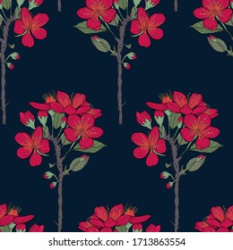 Abstract floral background. Blooming fruit tree flowers, cherries. Red bouquet on a black, dark background. Vector seamless illustration. Wrapping paper, fabric swatch. Hand drawing. Pastel colors.