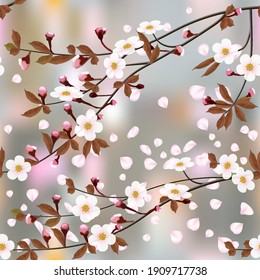 Abstract floral background. Blossoming branches of cherry and flying petals on colored abstract background in a random arrangement square format, seamless pattern. Pink Sakura texture, EPS 10, vector