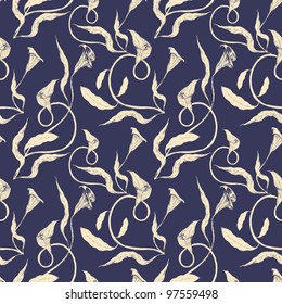 Abstract floral background, blue fashion seamless pattern, damask monochrome vector wallpaper, vintage fabric and retro wrapping with graphic flower, leaf of lily ornaments for decoration and design