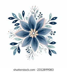 abstract floral background with blue flowers isolated on white, watercolor winter floral bouquet