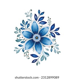 abstract floral background with blue flowers isolated on white, watercolor winter floral bouquet
