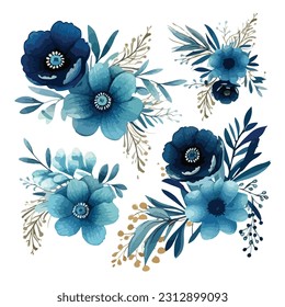 abstract floral background with blue flowers isolated on white, watercolor winter floral bouquet