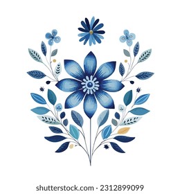 abstract floral background with blue flowers isolated on white, watercolor winter floral bouquet