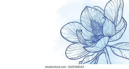 Abstract floral background with blue line art of flower and leaves. Magnolia watercolor hand drawn frame, border. Vector illustration for design of card, banner, invitation, advertising and packaging