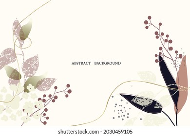 Abstract floral background with botanical elements. Pattern with gold texture lines, minimalist, vintage style, hand drawn. Poster, room interior decor, design textiles, postcard, concept, Vector