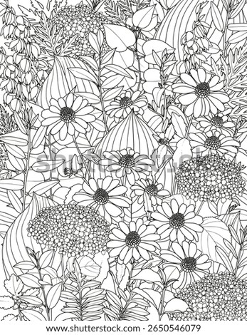 Abstract floral background. Bouquet of different flowers. Coloring page for adults and children.
