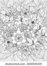 Abstract floral background. Bouquet of peonies, lilies, irises and daisies. Coloring page for adults and children.