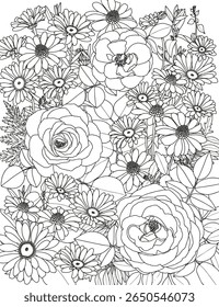 Resumo floral. Buquê de rosas e margaridas. Página de coloração para adultos e crianças.
