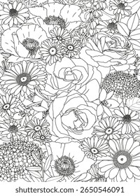 Abstract floral background. Bouquet of roses, poppies and daisies. Coloring page for adults and children.