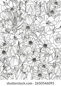 Resumo floral. Buquê de rosas, lírios, íris e margaridas. Página de coloração para adultos e crianças.