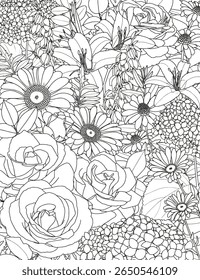 Resumo floral. Buquê de rosas, lírios e margaridas. Página de coloração para adultos e crianças.